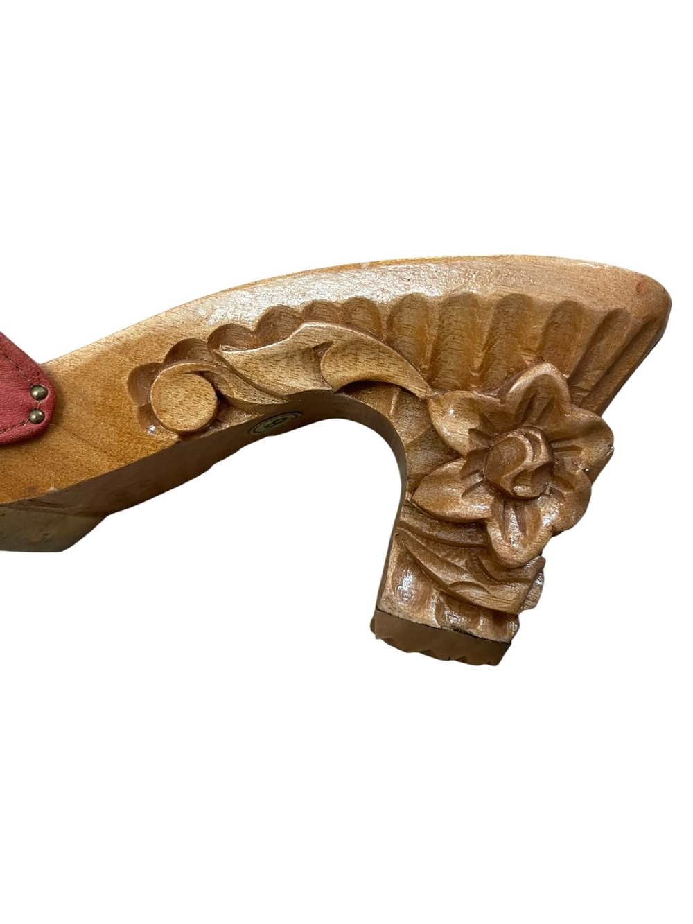 Vtg 70s Boho Rust Leather Floral Carved Wooden-Heel Slide Open Toe Sandals - Picture 6 of 6